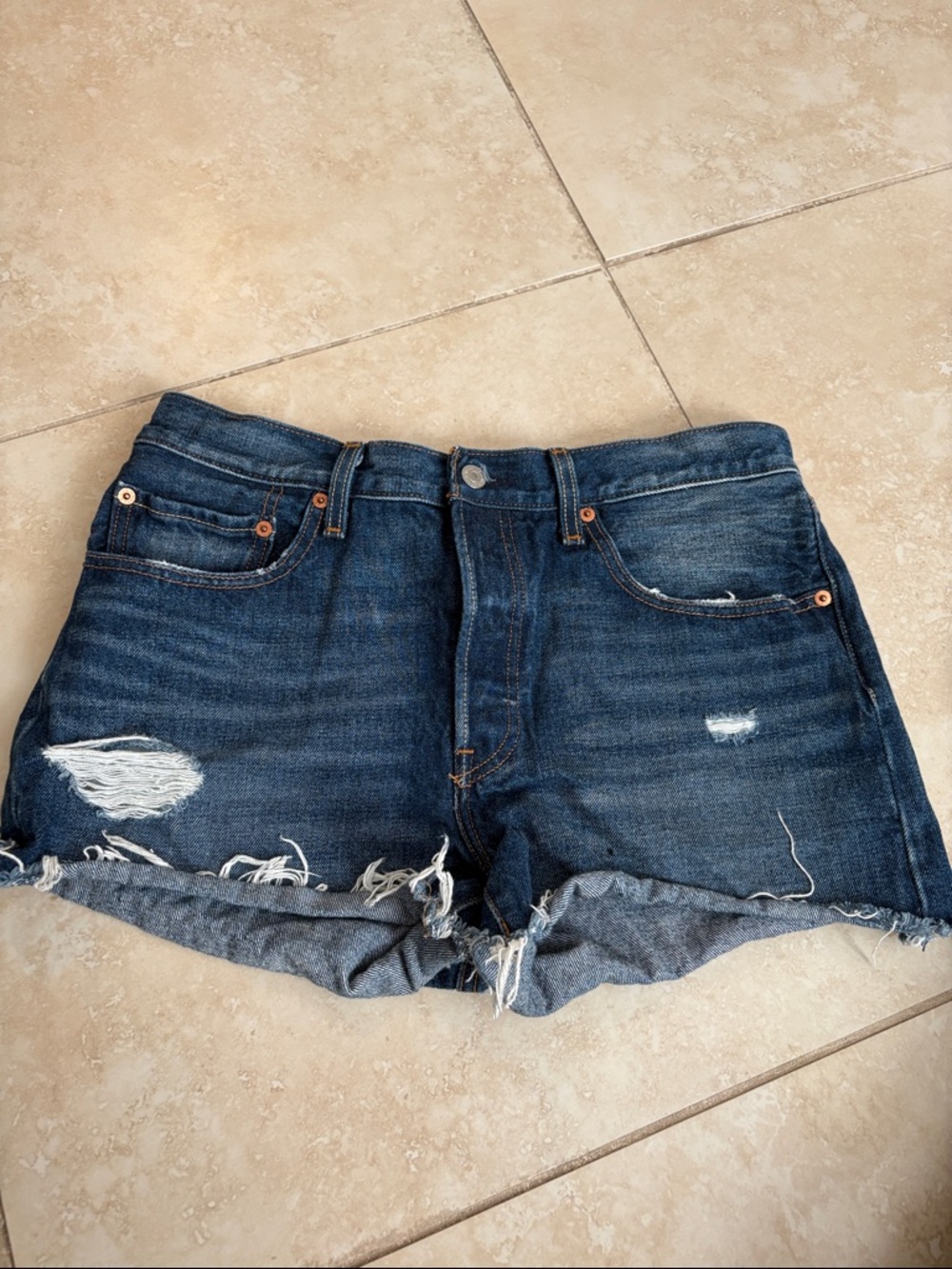 Levi's 501 Dark Blue Distressed Rolled-Hem Denim Shorts